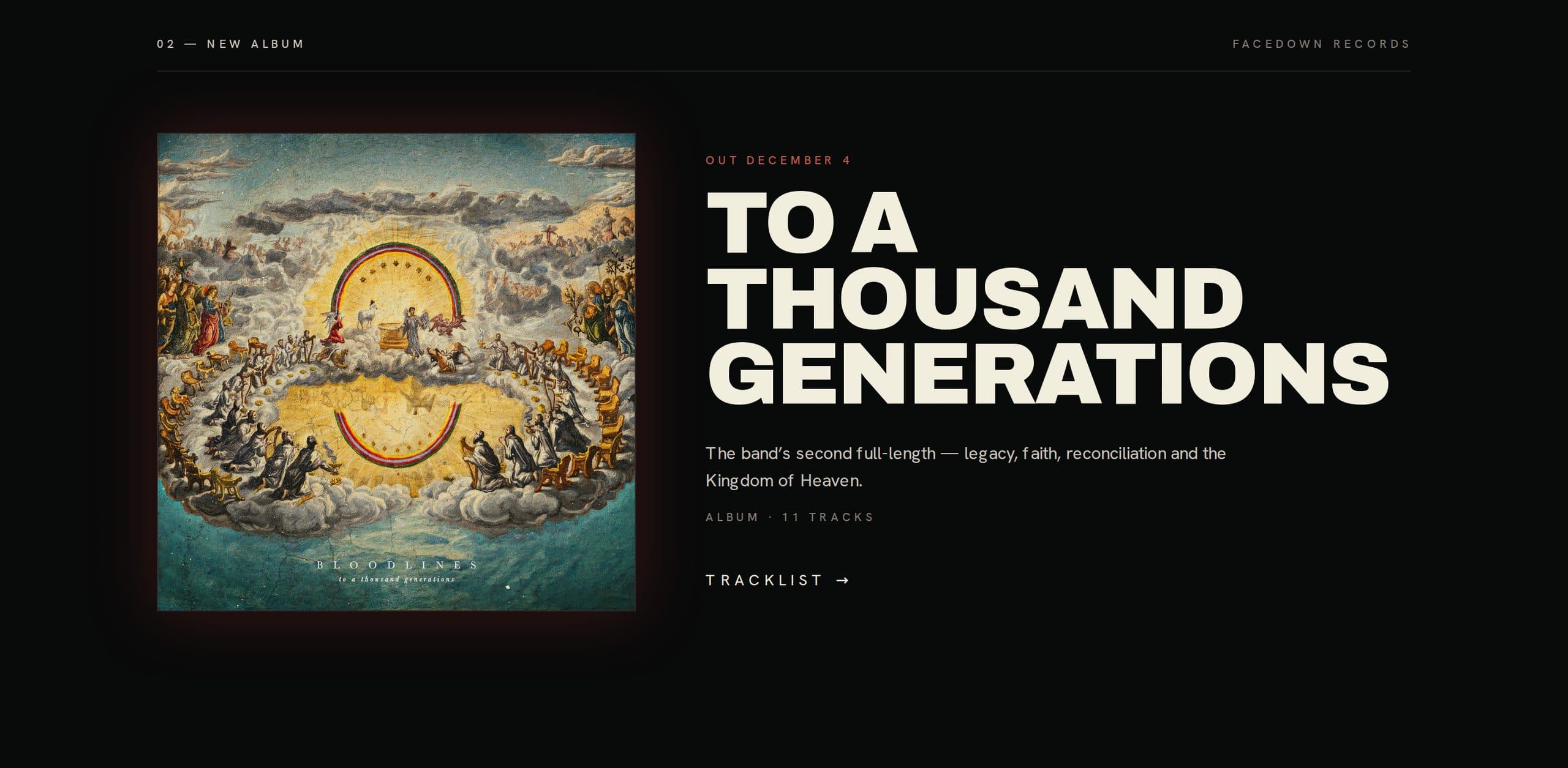 The new album announcement: the To A Thousand Generations artwork beside the title, “Out December 4” and a tracklist link.