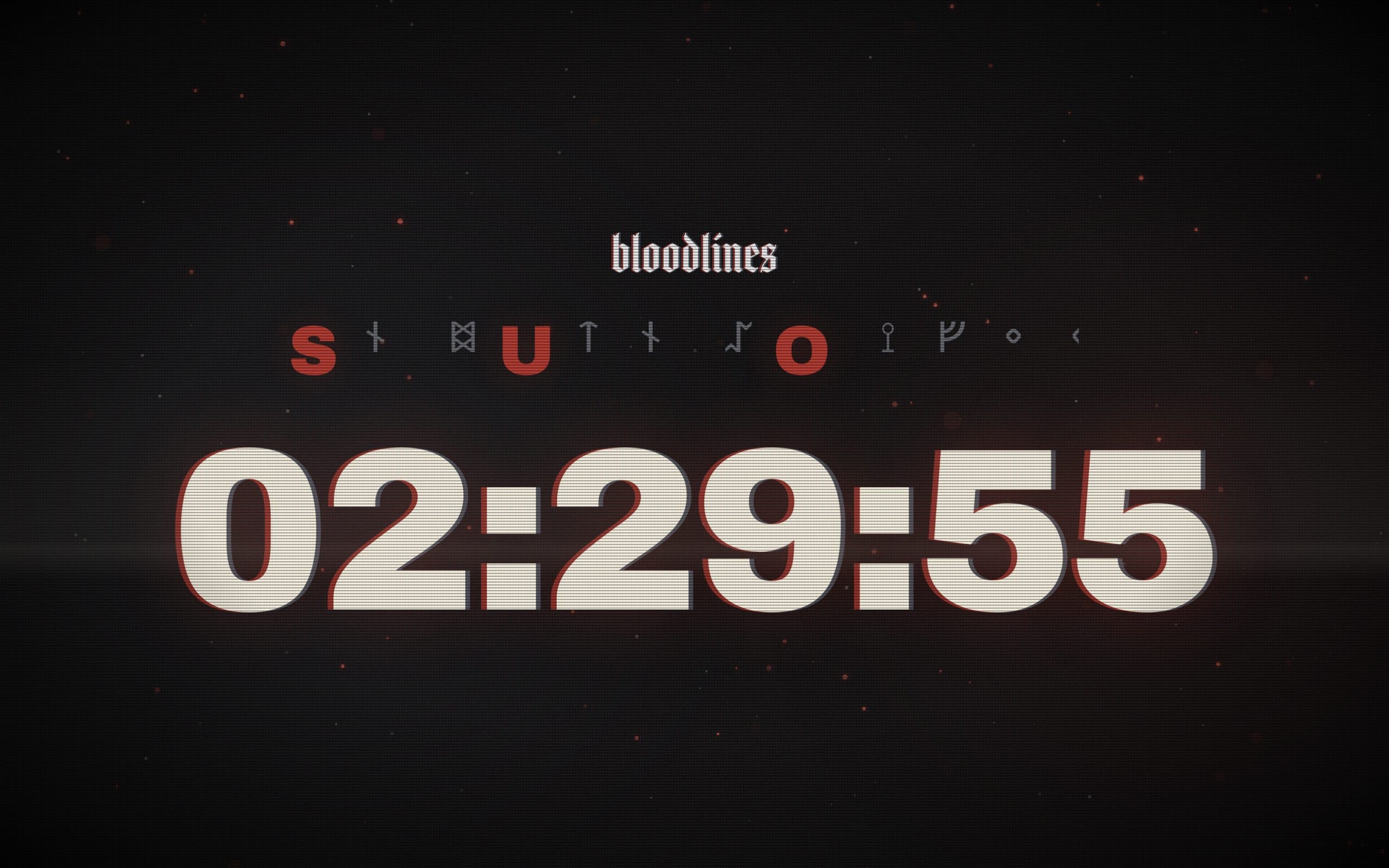 The release-night countdown: the Bloodlines logo over a row of red letters and runes, with a clock reading 02:29:55 at enormous scale.
