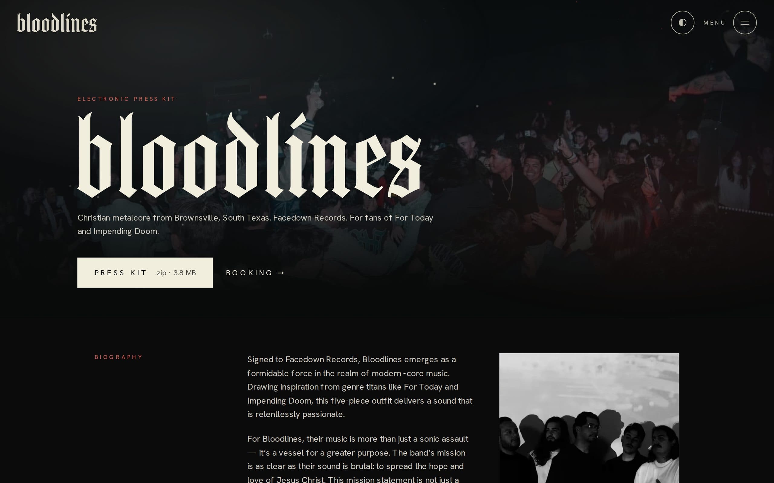 The electronic press kit: the blackletter logo over a crowd photo, with a Press Kit download and a Booking link above the biography.