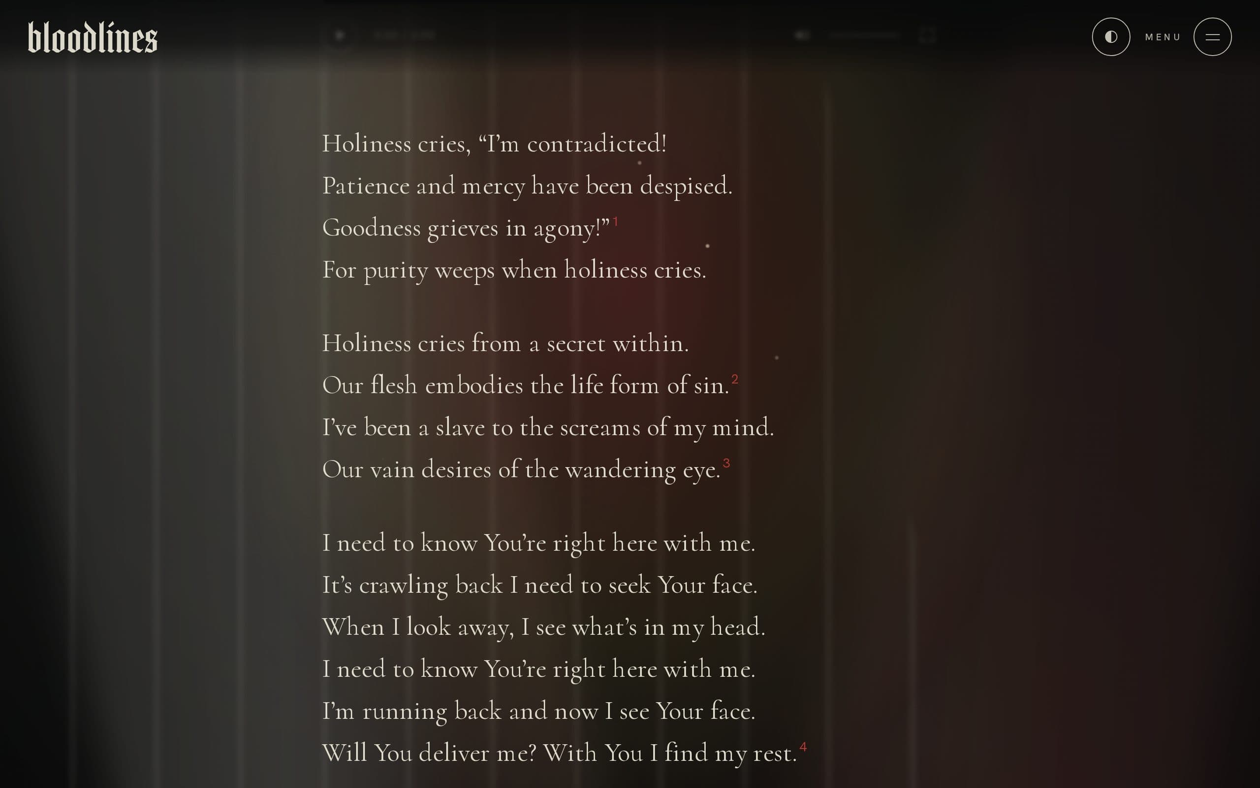 A lyric page for “Holiness Cries”, set in a large serif with small red footnote numbers after some lines.
