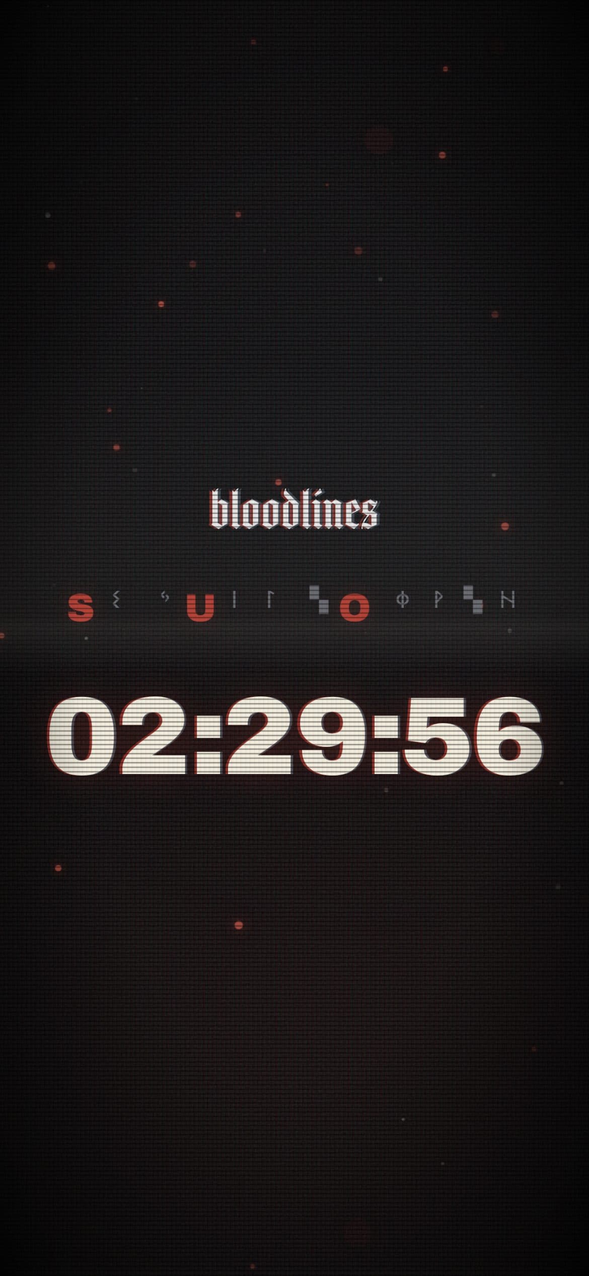 The release-night countdown on a phone: the Bloodlines logo, a line of red letters and runes, and the clock.