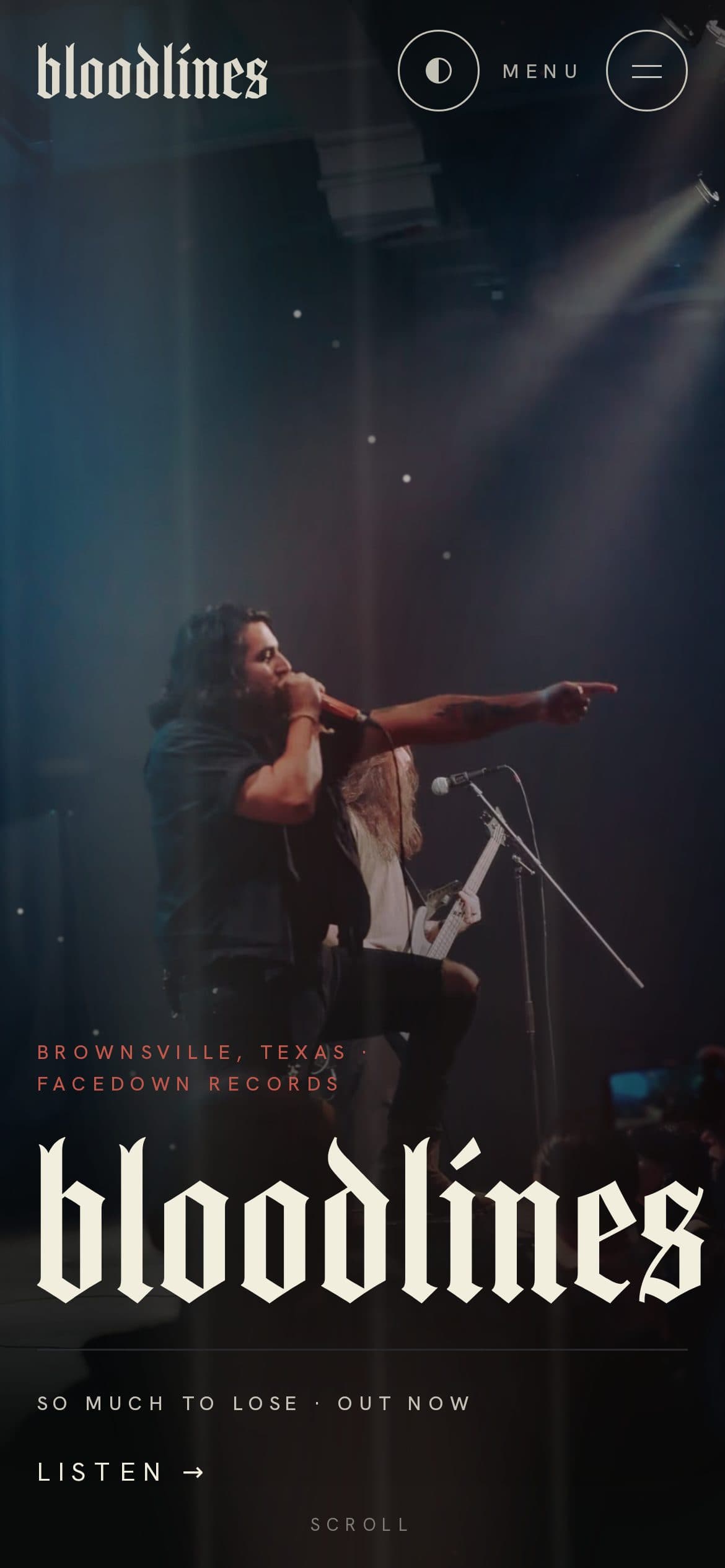 The home page on a phone after midnight: a live photo of the vocalist, the blackletter logo and “So Much To Lose · Out now”.