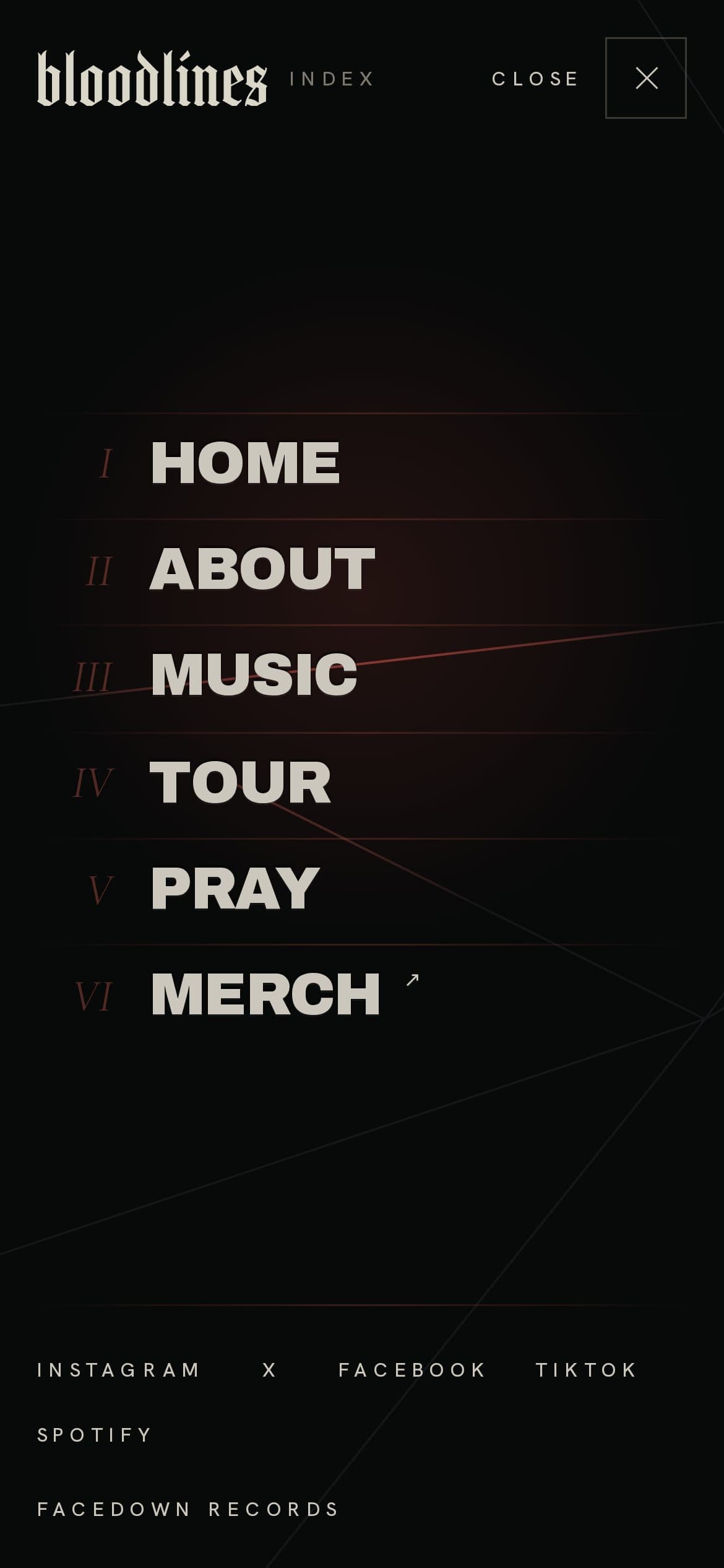 The menu open on a phone: Home, About, Music, Tour, Pray and Merch in heavy type with roman numerals, over faint red lines.