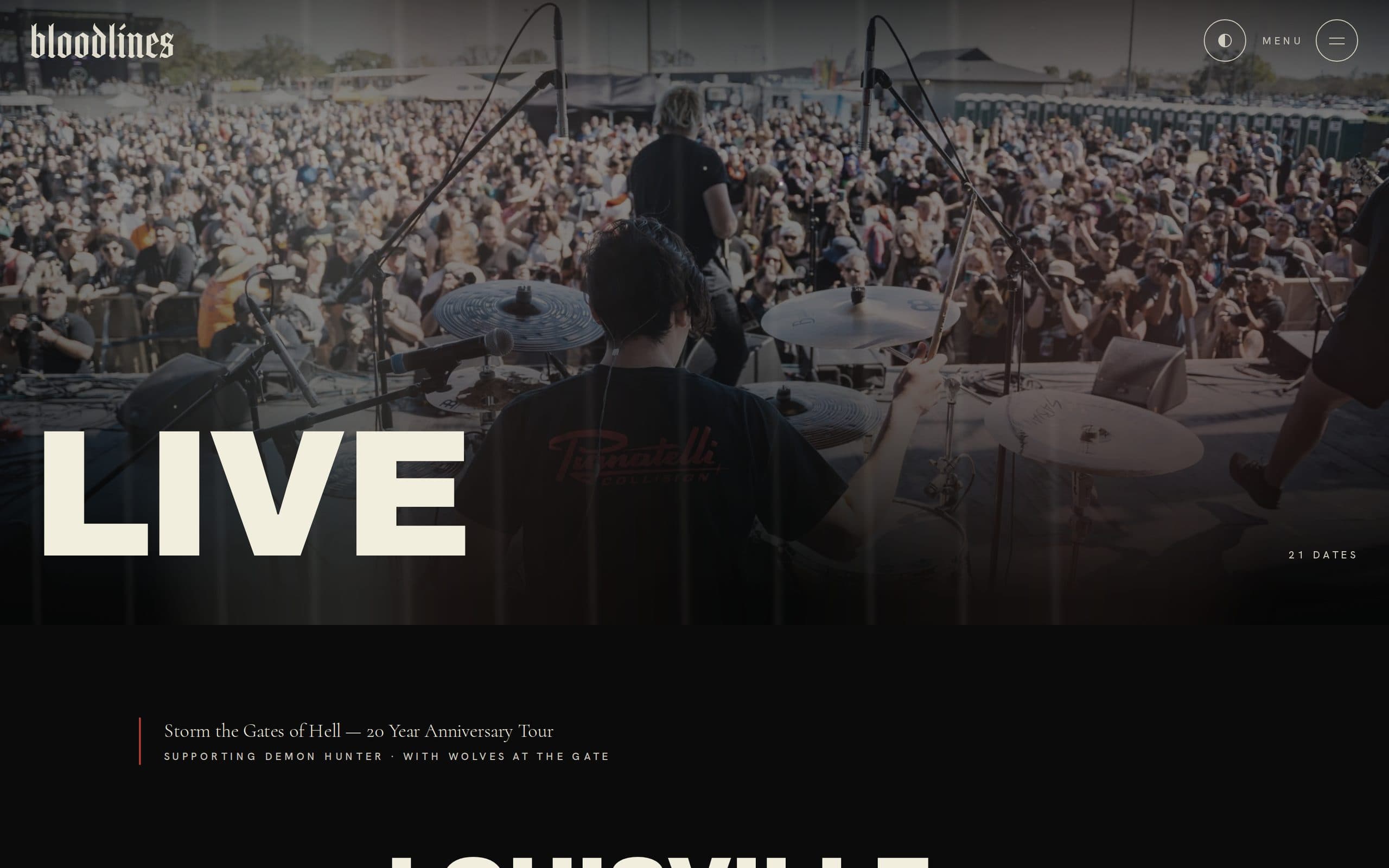 The tour page: a festival crowd seen from behind the drum kit, with LIVE at display scale and the tour name below.