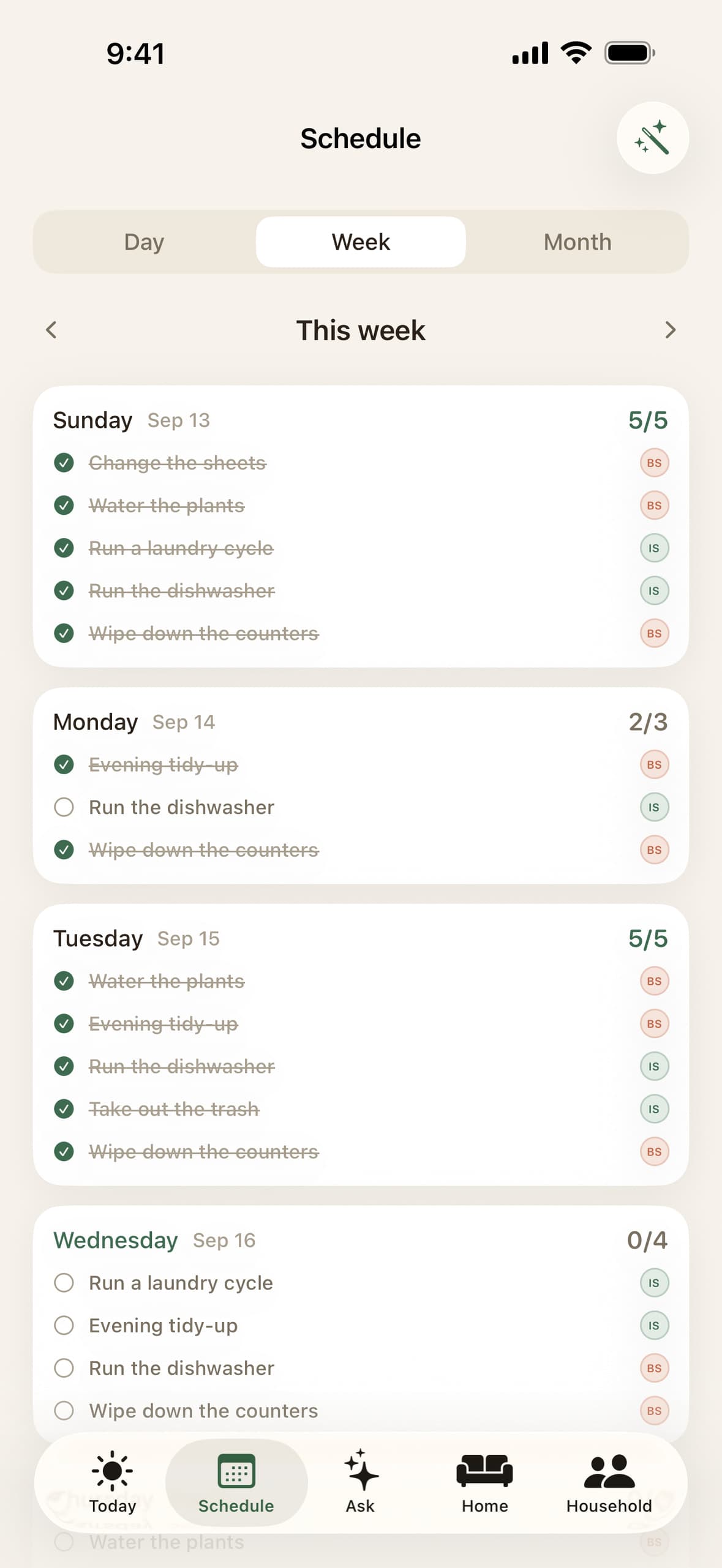 The Schedule’s week view: each day’s chores with completed ones struck through and a count of how many are done.