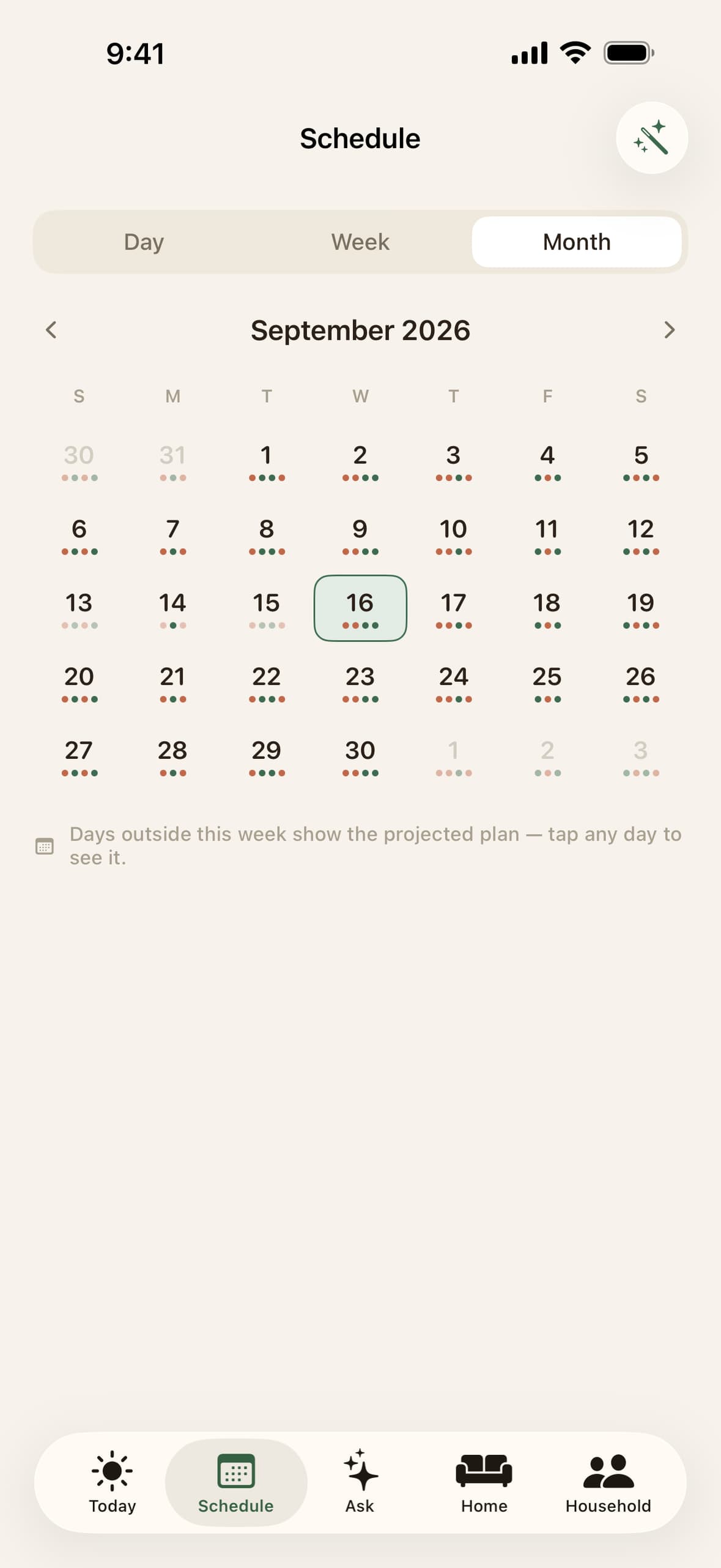 The Schedule’s month view for September, with each day’s planned chores marked beneath its date.