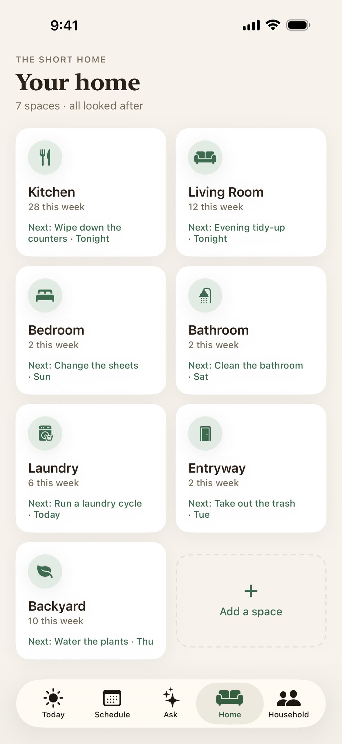 The Your home screen, listing seven spaces from Kitchen to Backyard, each with this week’s count and its next task.