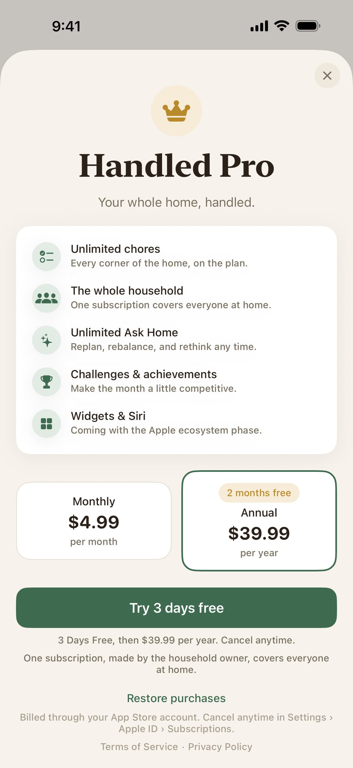 The Handled Pro screen: $4.99 a month or $39.99 a year, with a three-day free trial.