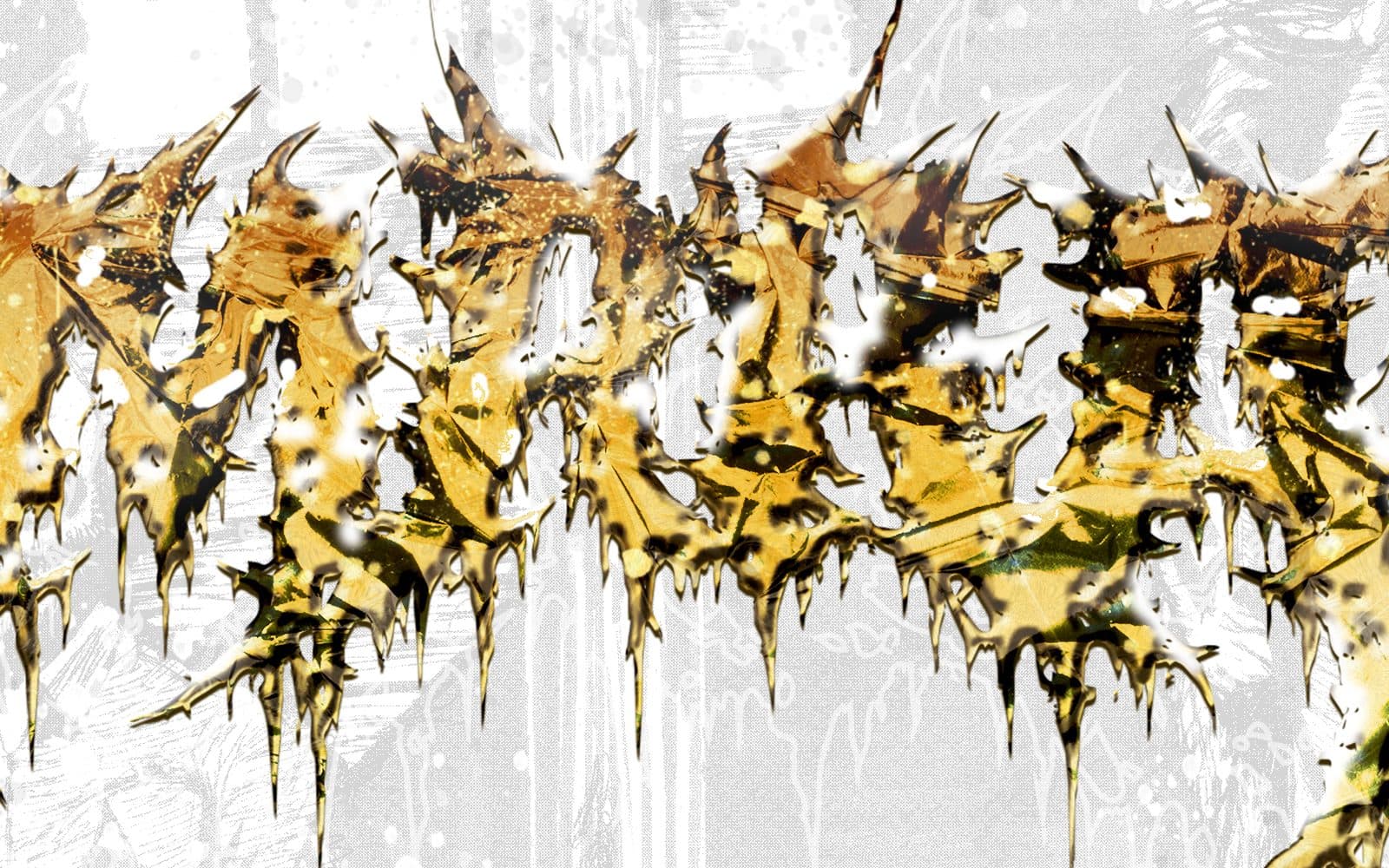 A close crop of the front cover’s logo: gold, spiked letterforms with a wet, reflective finish, dripping over grey paper.