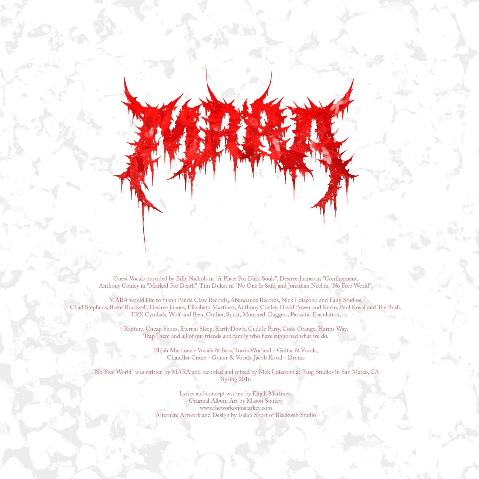 The right inside panel: the reworked Mara logo in red above the record’s credits, set small in red on marbled white paper.