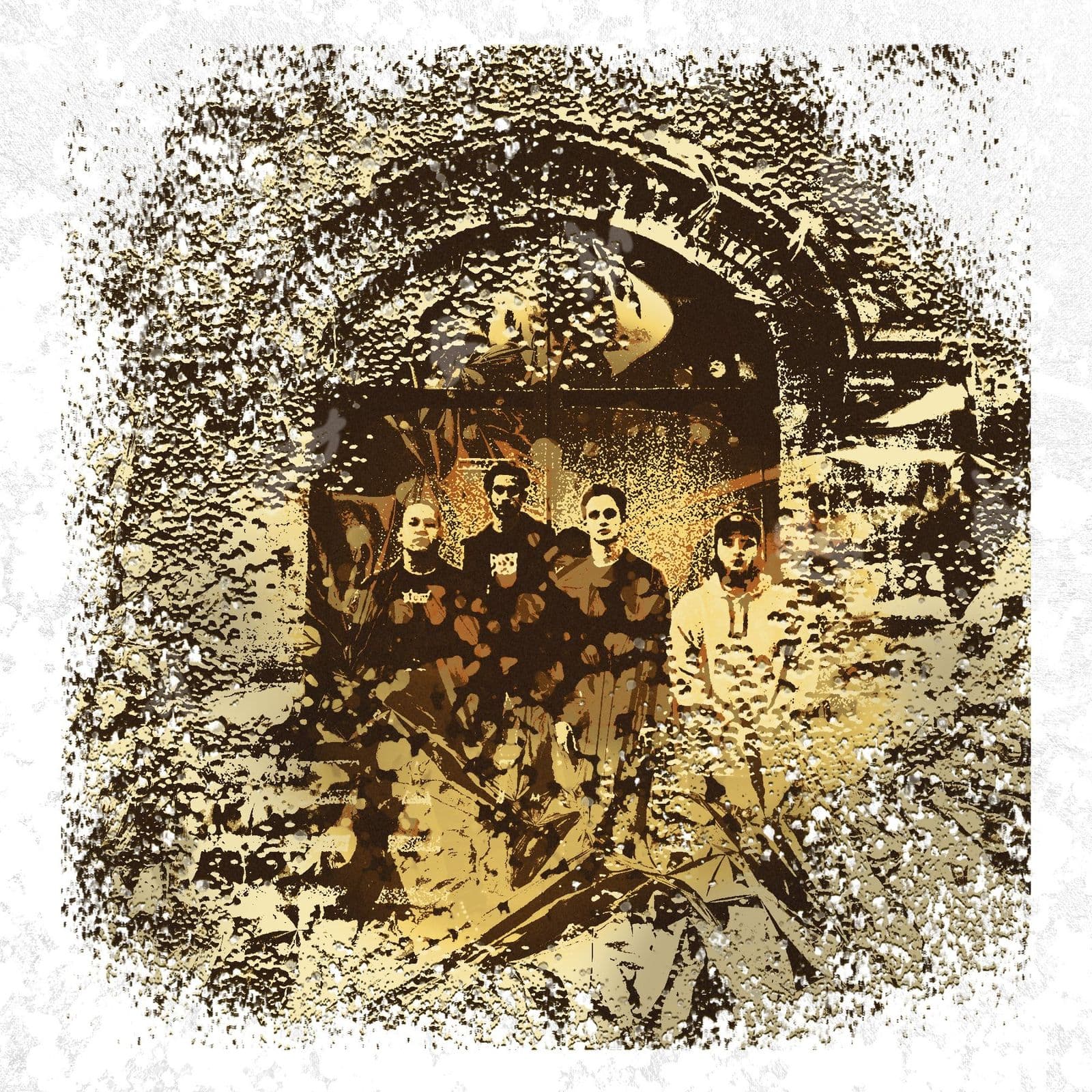 The left inside panel: the four members of Mara under a stone archway, the photograph broken up and toned in gold and brown.