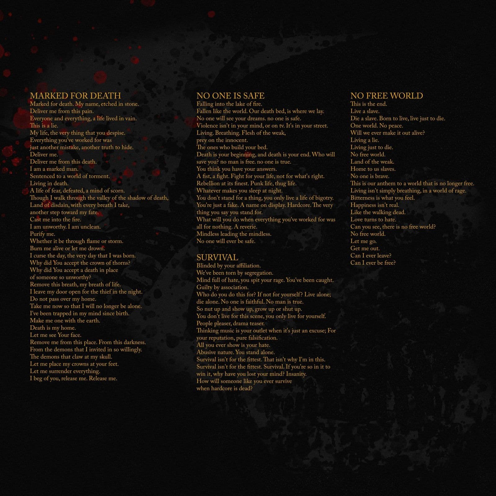 The second lyric sheet: lyrics in gold over black with red spatter at the top left, from “Marked for Death” to “No Free World”.