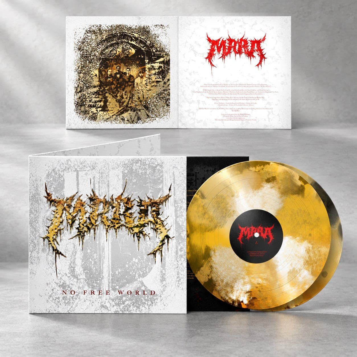 The anniversary package: the open gatefold above, and the front cover standing beside a gold, black and white swirled record.