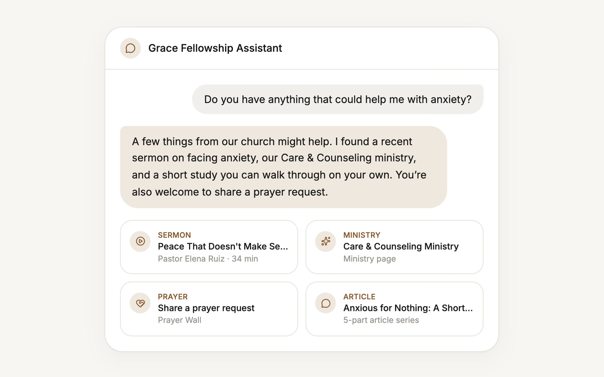 A Ruach assistant answering a question with a sermon, a ministry page, a prayer request and an article series.