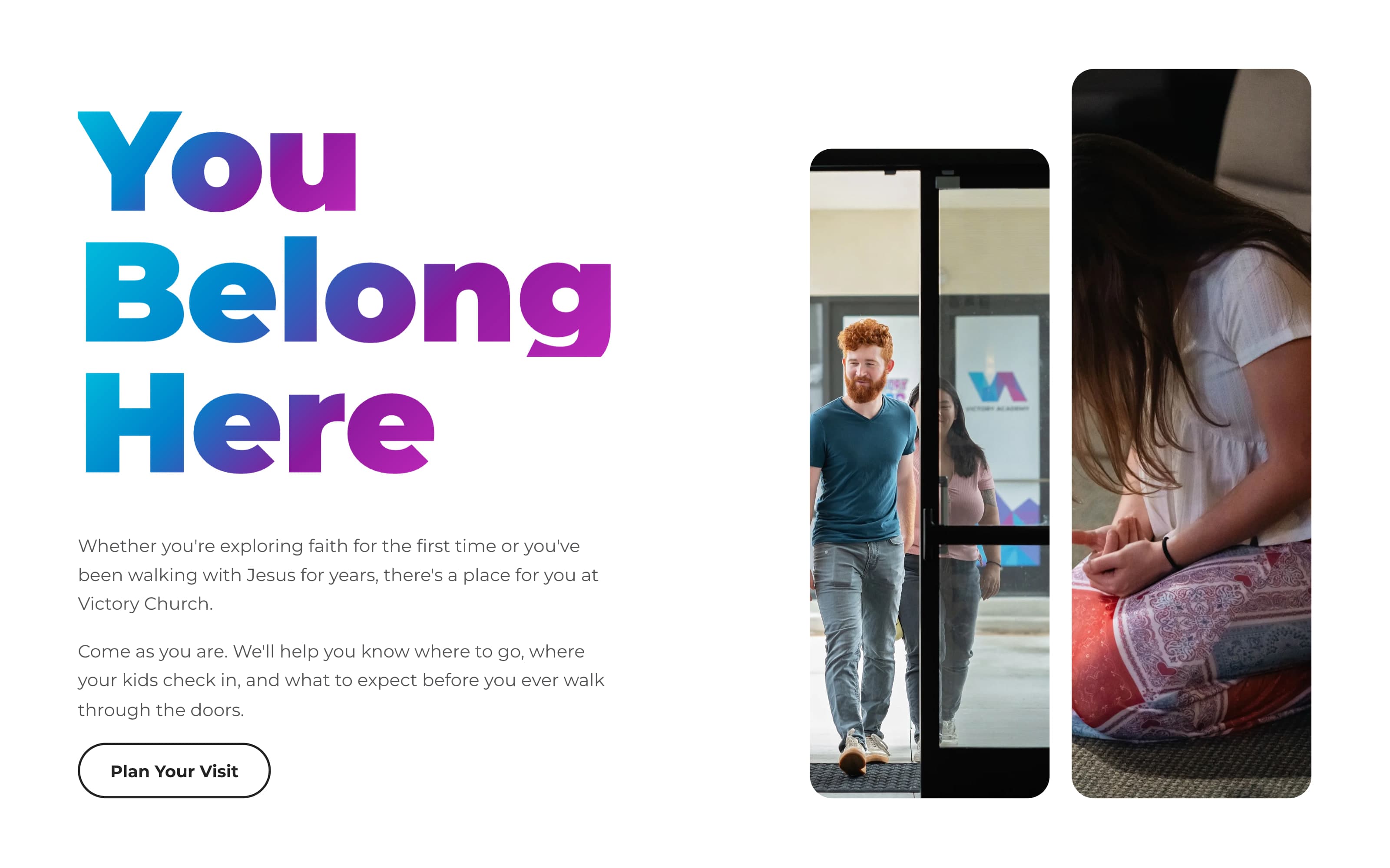 The “You Belong Here” homepage section: gradient display type beside two portrait photographs, with a Plan Your Visit button.