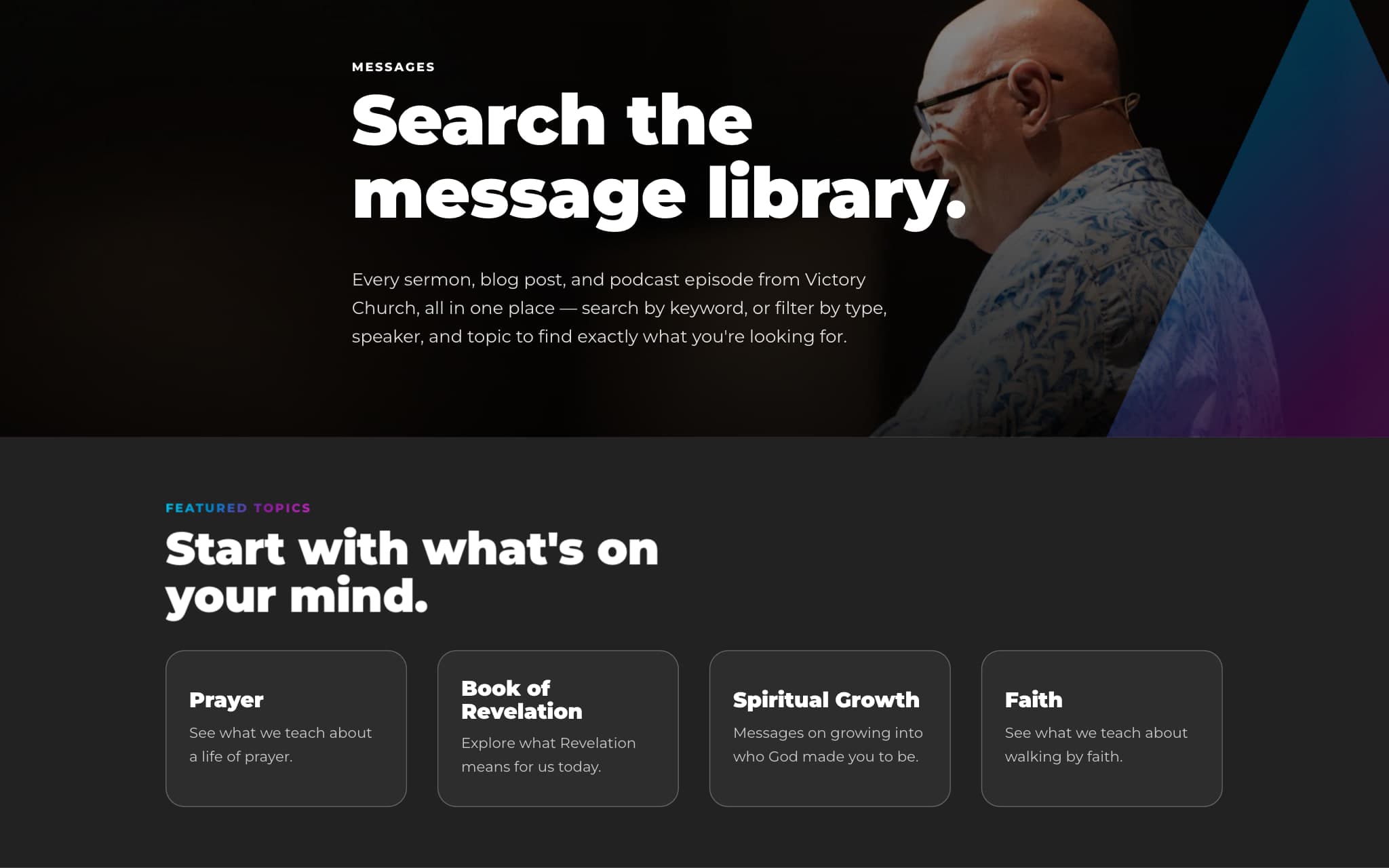 The message library: a search header above topic cards for Prayer, Book of Revelation, Spiritual Growth and Faith.