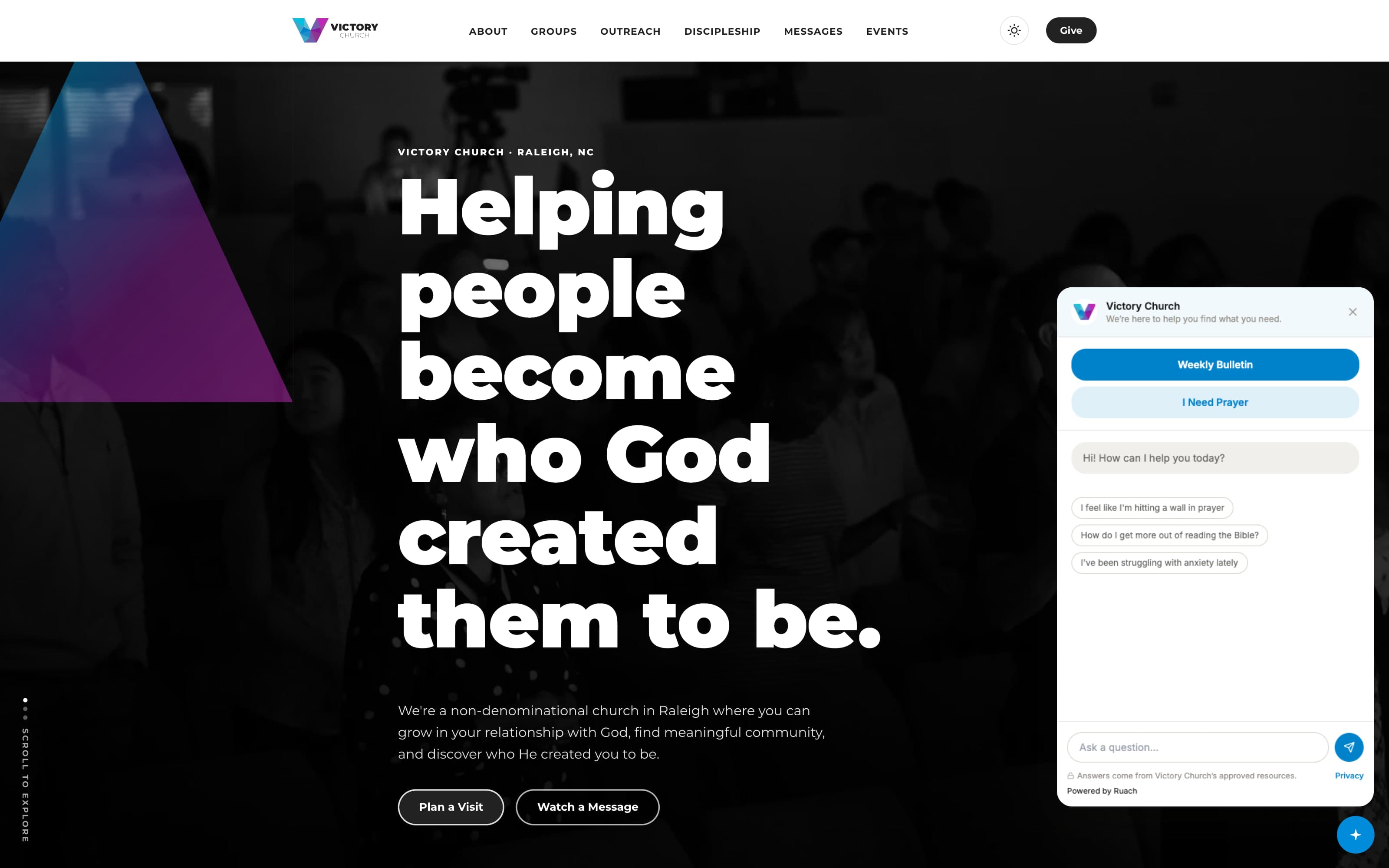 Victory Church’s homepage with the Ruach assistant open, answering from Victory’s approved resources.